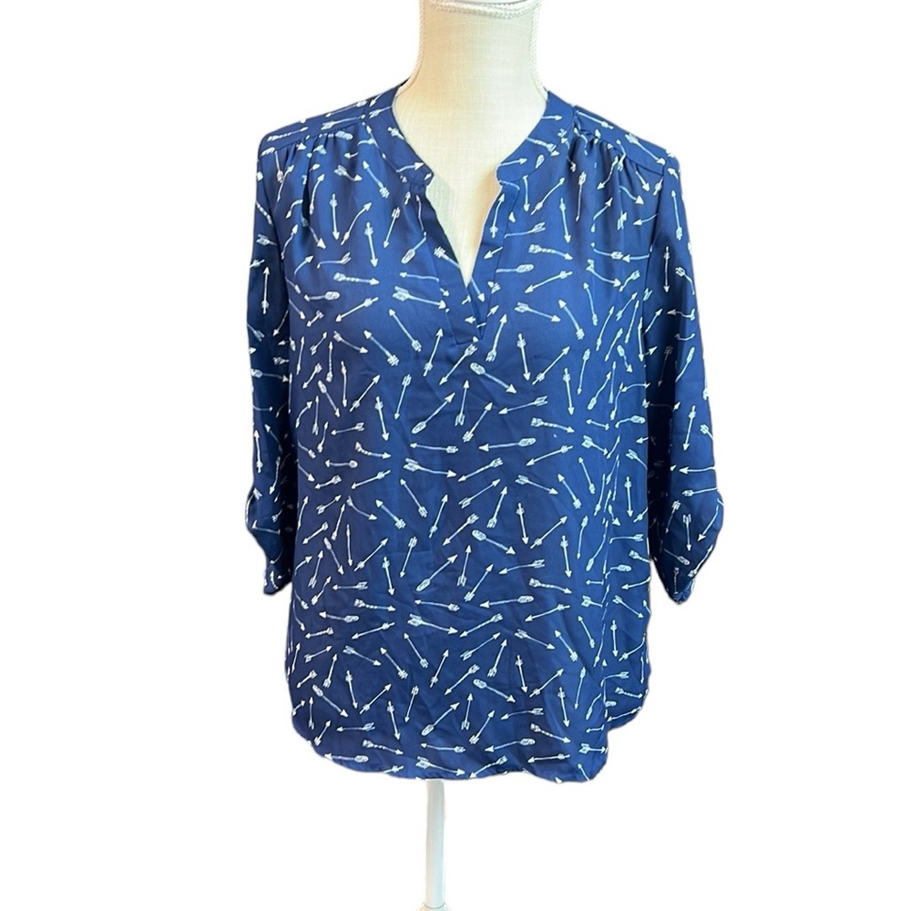 NWT Crescent & Willough 3/4 Long Sleeve Blouse Shirt Blue Arrows Womens L